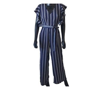 CBR Women's Large Jumpsuit Striped Wide Leg Ruffle Shirt‎ Sleeves V-Neck
